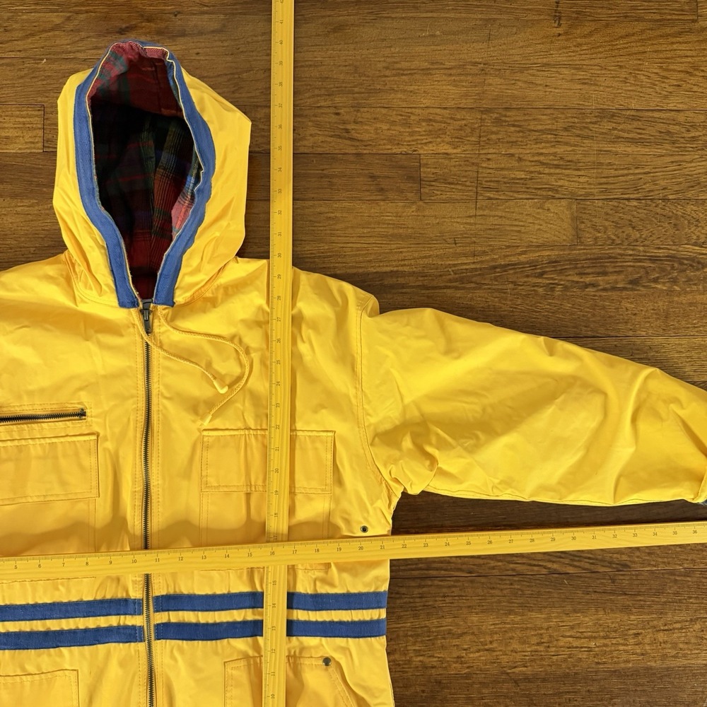 J.G. Hook Men's vintage Yellow Hooded Zip Rain Coat Lined Pockets Size S - Picture 6 of 6